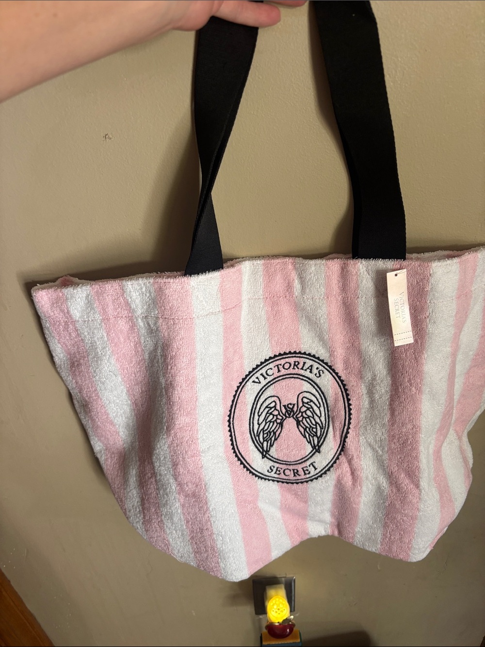 Victoria's Secret Pink and White Striped Tote with Black Handles